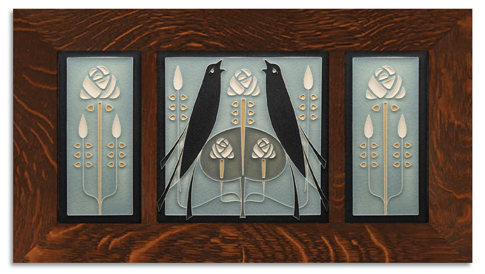 4x8 & 8x8 Songbirds & Long Stem Framed Tile Set in Grey Blue