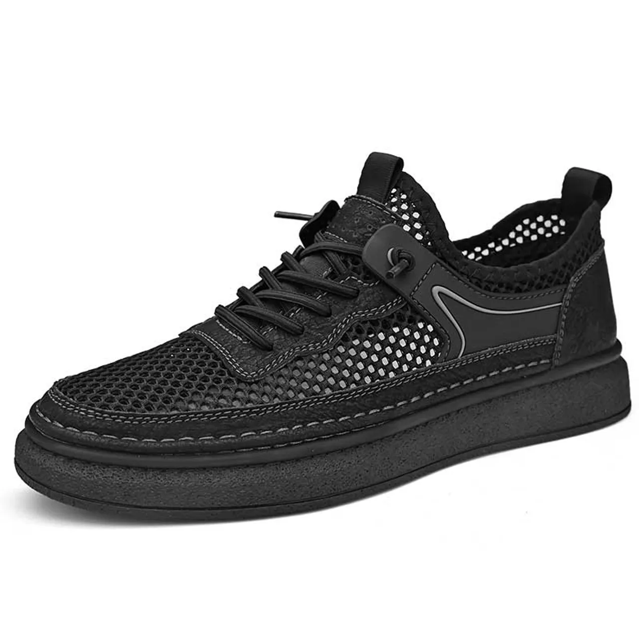 Black hollow mesh stitch accents shoe sneaker