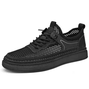 Black hollow mesh stitch accents shoe sneaker