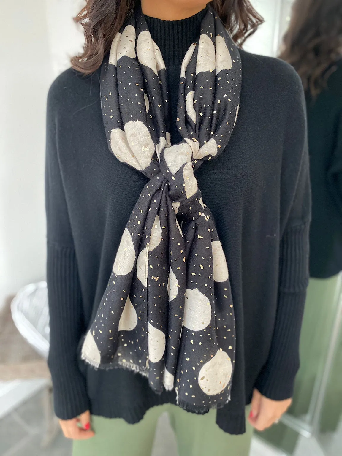 Black Metallic Accent Polka Dot Scarf