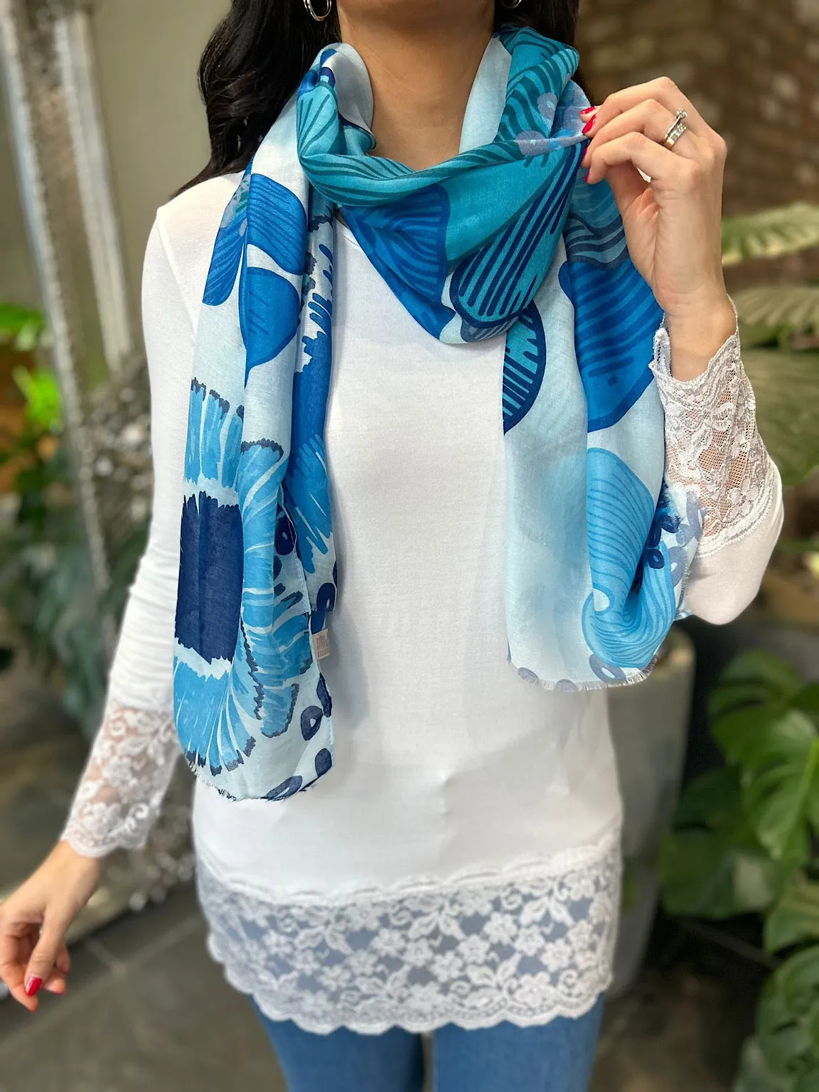 Blue Large Sketch Flower Scarf