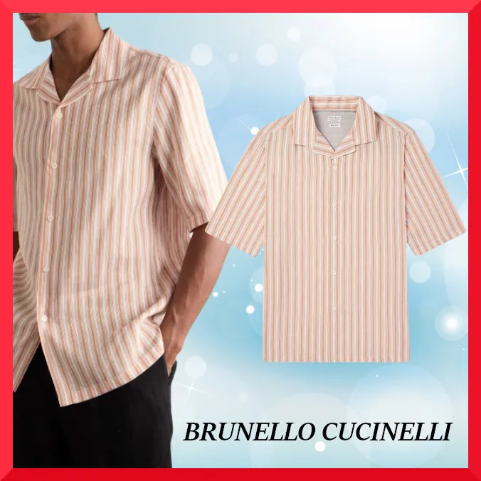 BRUNELLO CUCINELLI  |Button-down Stripes Linen Street Style Short Sleeves Bridal