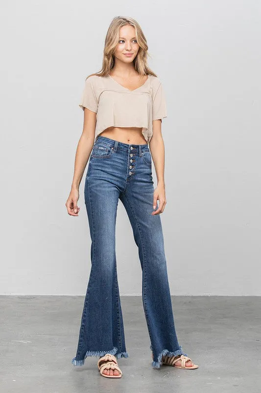 Button Fly Fray Hem Flare Jeans