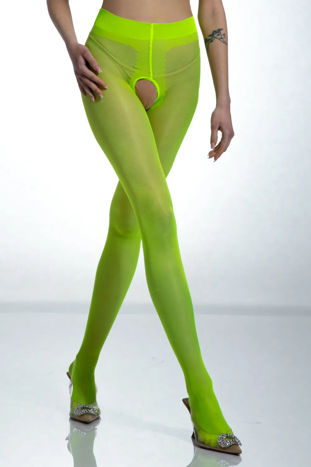 Crotchless Fluo Yellow Gloss Tights 20 Denier