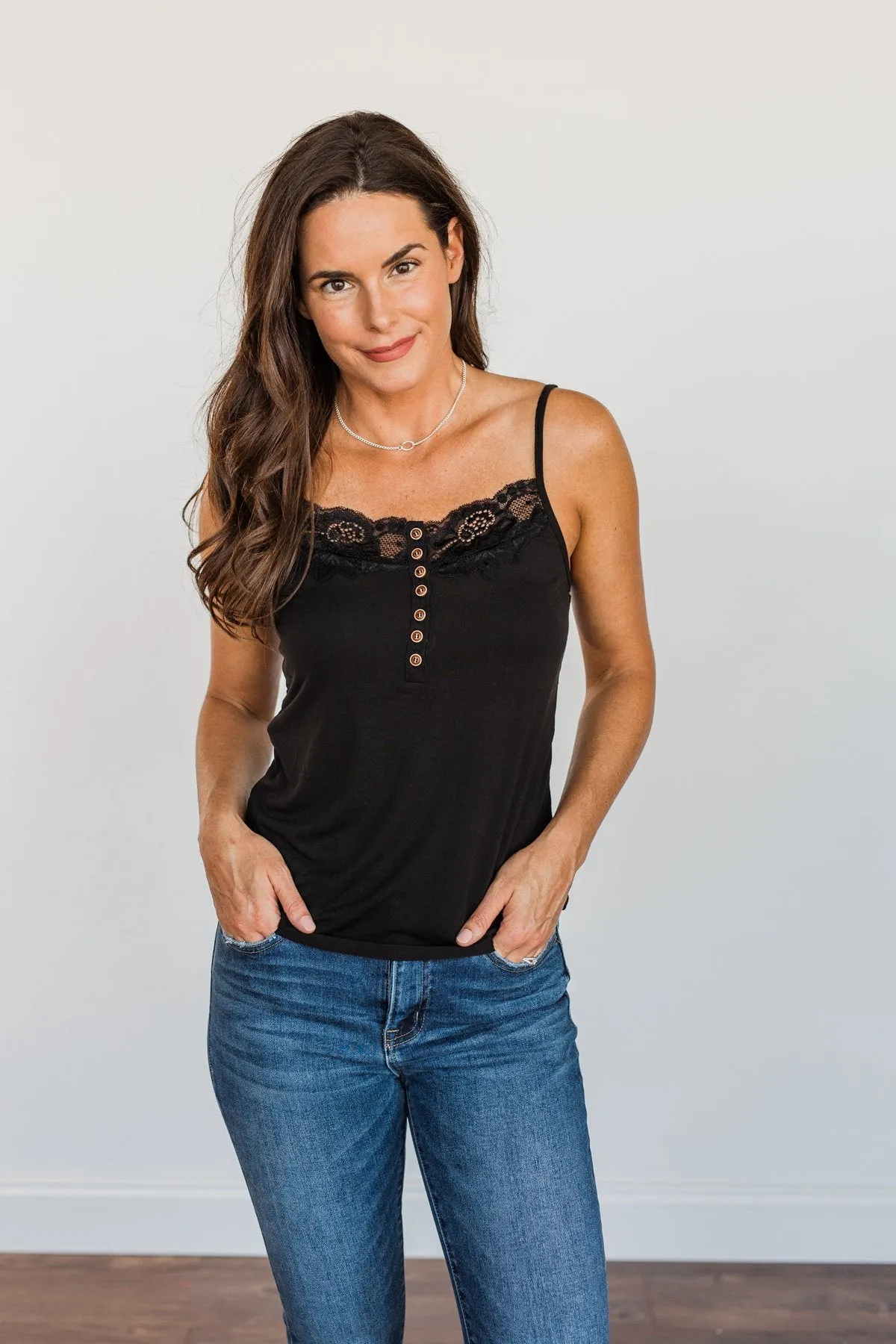 Delicate Dreams Lace Trimmed Henley Tank Top- Black