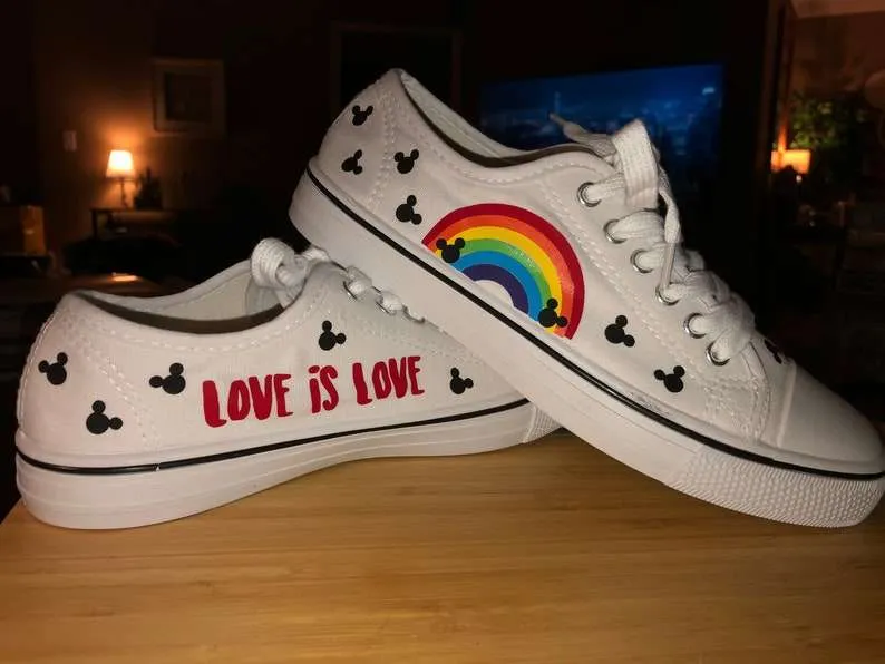 Disney Mickey Inspired Love is Love LGBT Pride Custom Print Sneakers Canvas Low Top Shoes