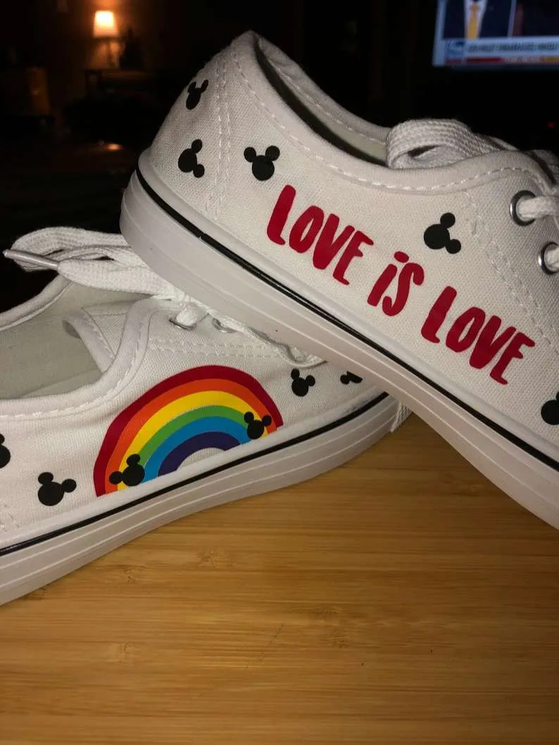 Disney Mickey Inspired Love is Love LGBT Pride Custom Print Sneakers Canvas Low Top Shoes