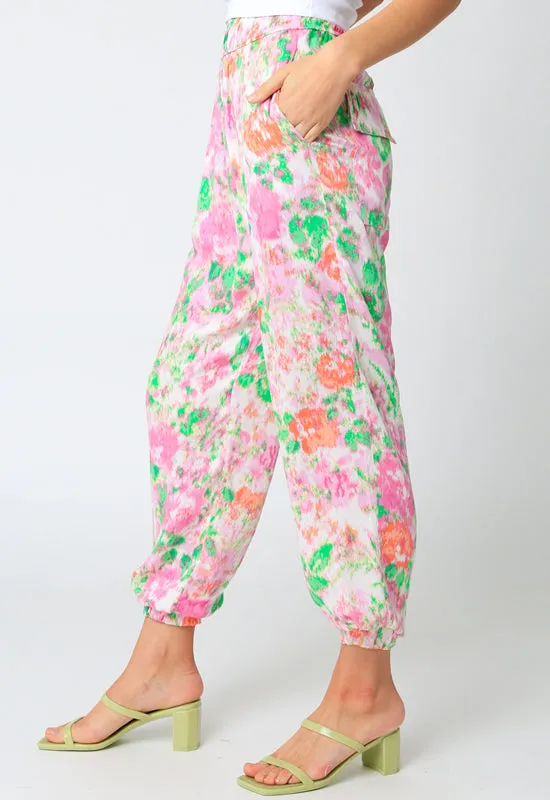 Floral Pant - Cream Pink Green Floral Print