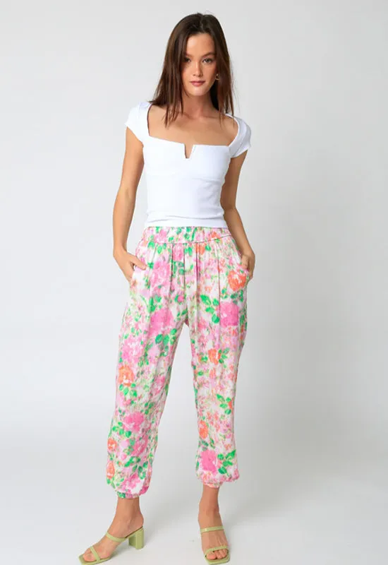 Floral Pant - Cream Pink Green Floral Print