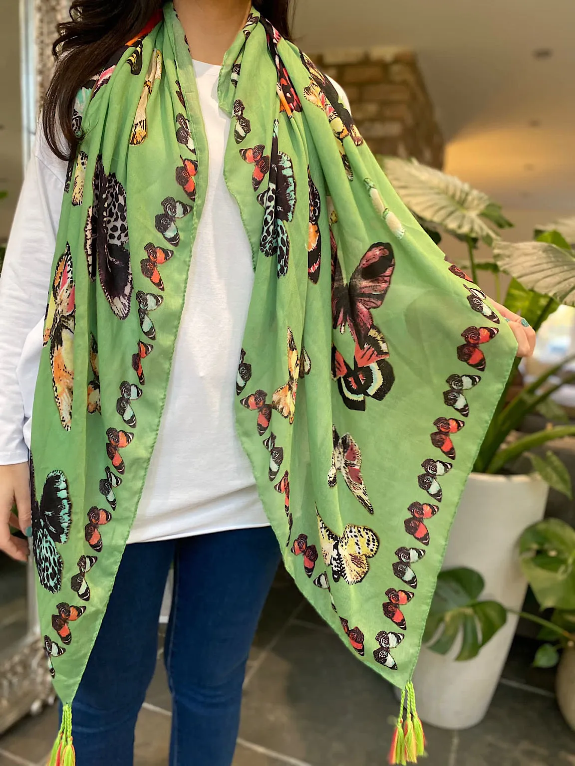 Green Butterfly Tassel Scarf