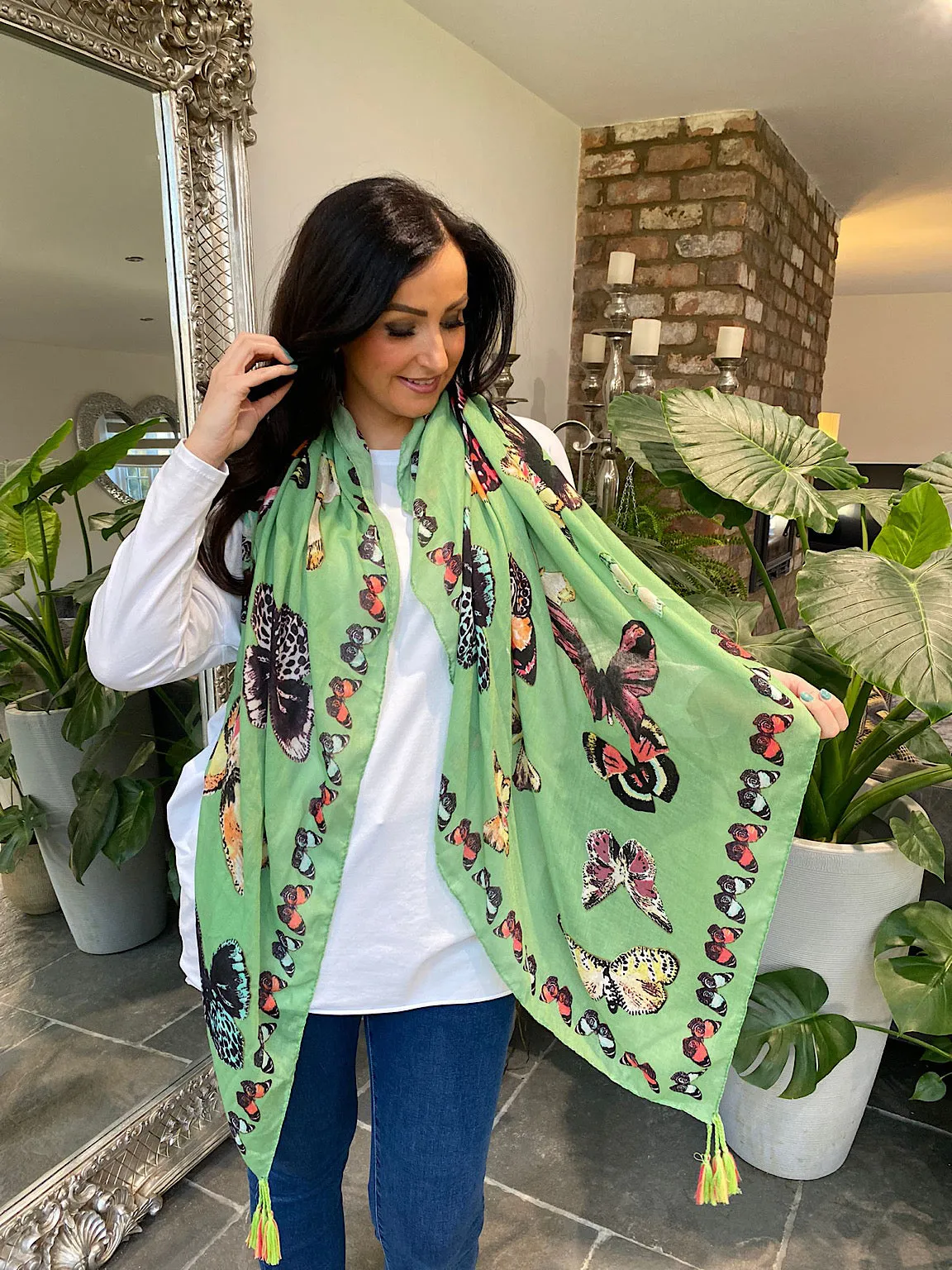 Green Butterfly Tassel Scarf