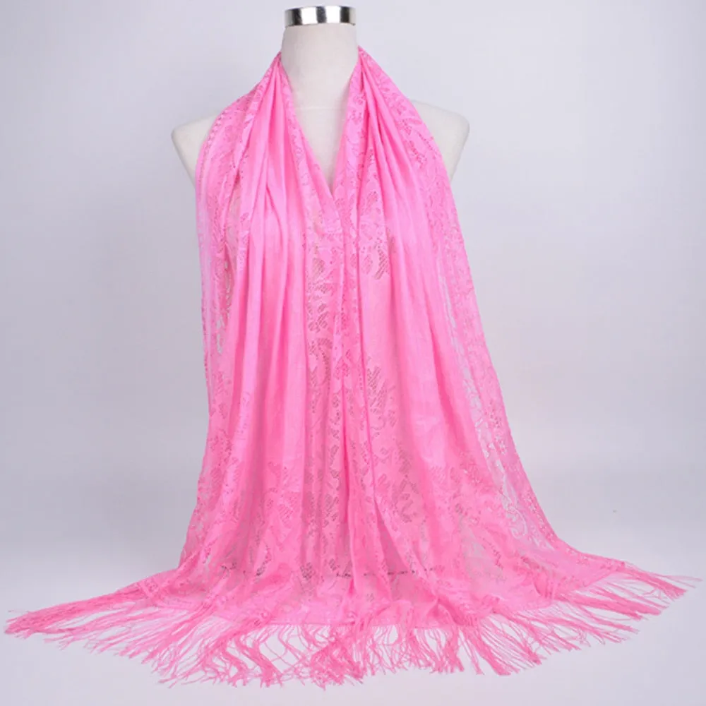 Hijab Scarf Shawl Wraps Pure color lace hollow fringed Long scarf