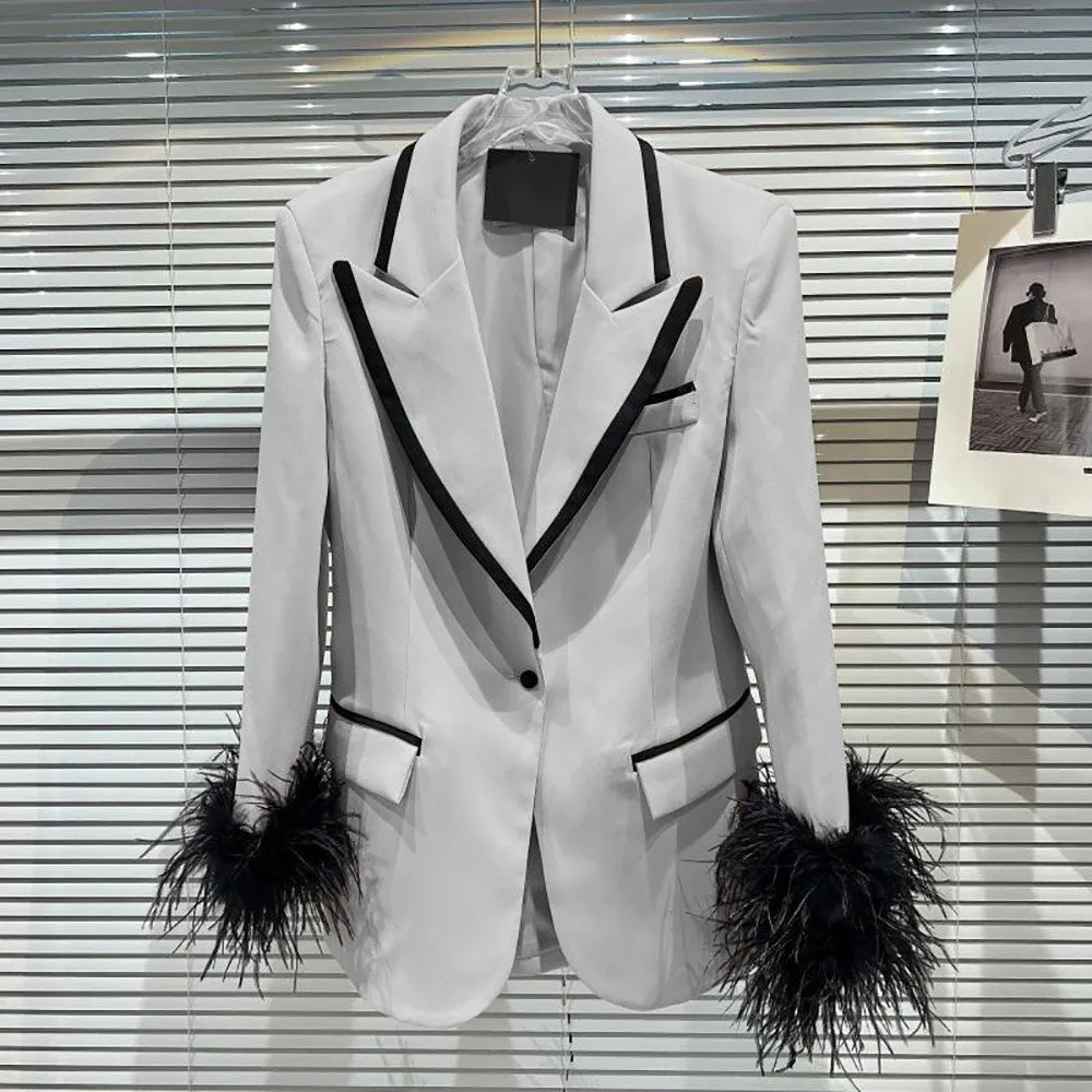 Jacket Women's Color Matching Fashion Feather Decoration Dress Luxury Custom 1 Button Blazer New in Outerwears Womens Clothing