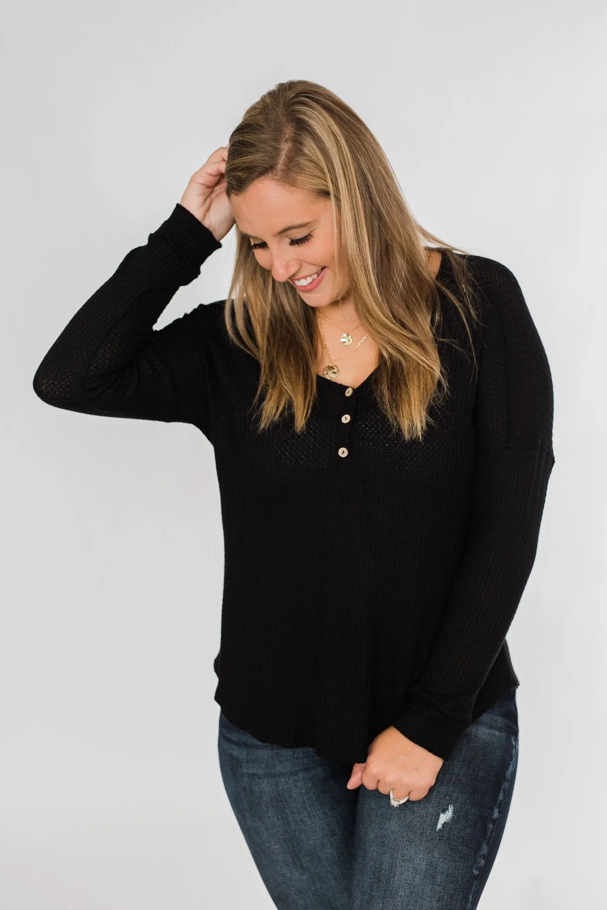 Knowing You V-Neck Thermal Top- Black