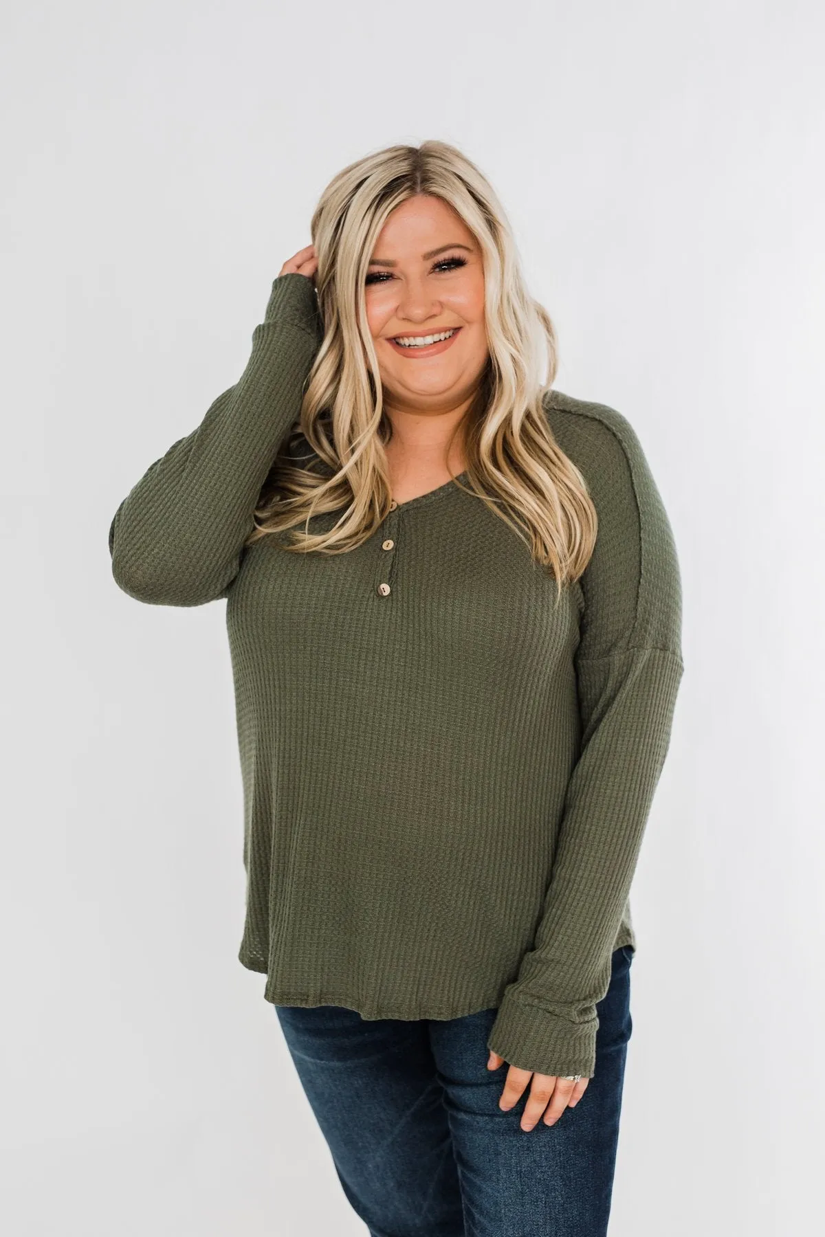 Knowing You V-Neck Thermal Top- Olive