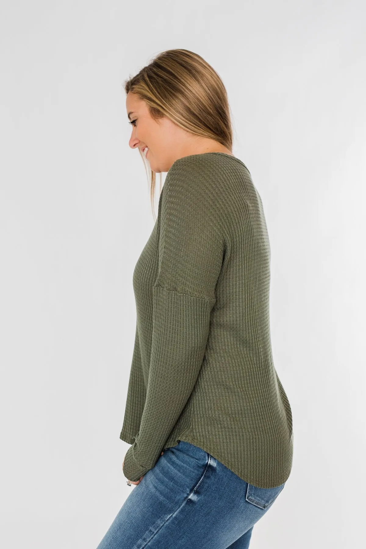 Knowing You V-Neck Thermal Top- Olive