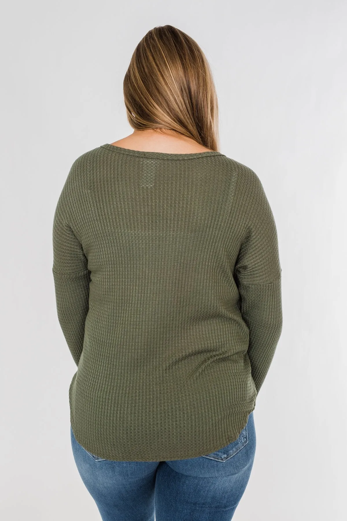 Knowing You V-Neck Thermal Top- Olive