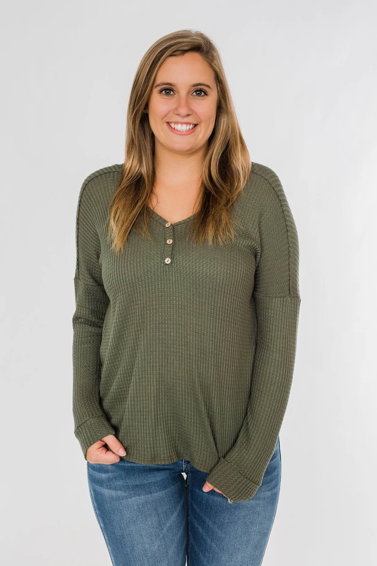 Knowing You V-Neck Thermal Top- Olive