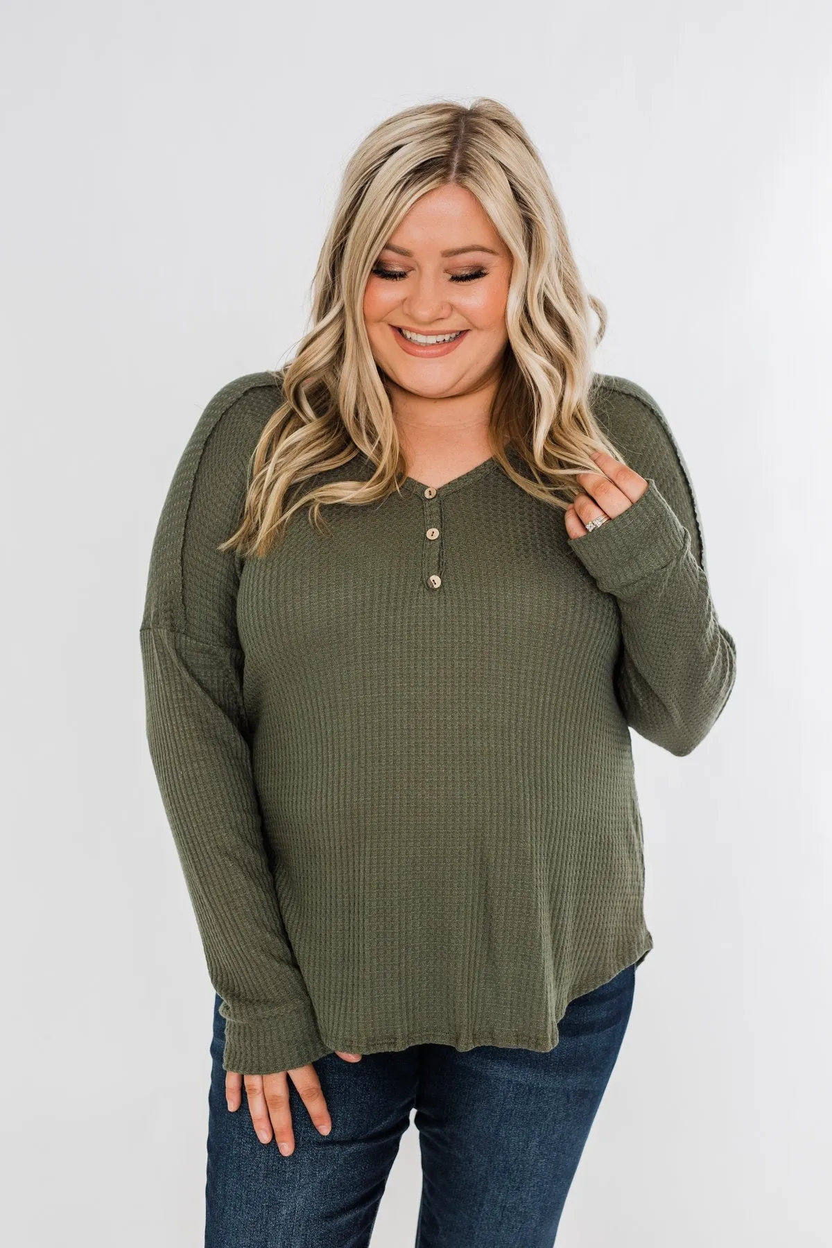 Knowing You V-Neck Thermal Top- Olive