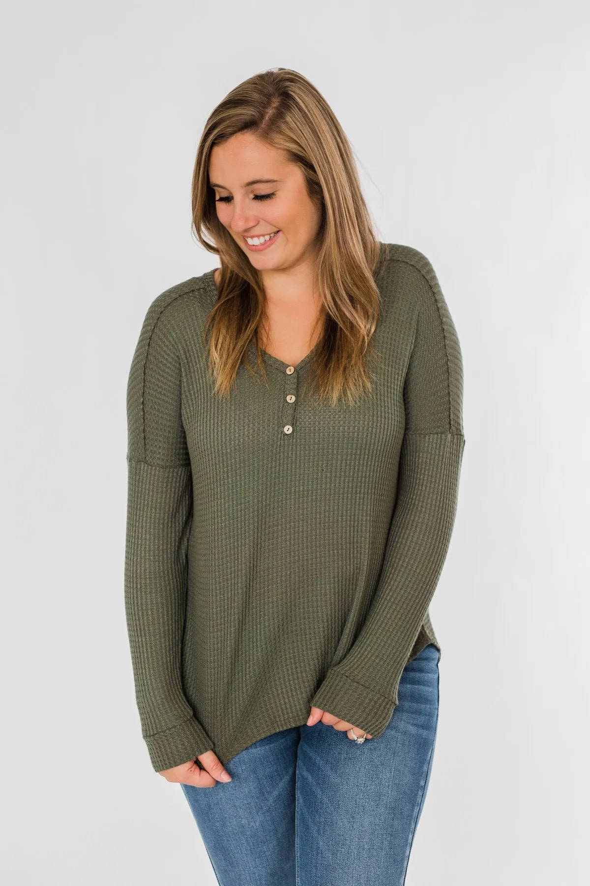 Knowing You V-Neck Thermal Top- Olive