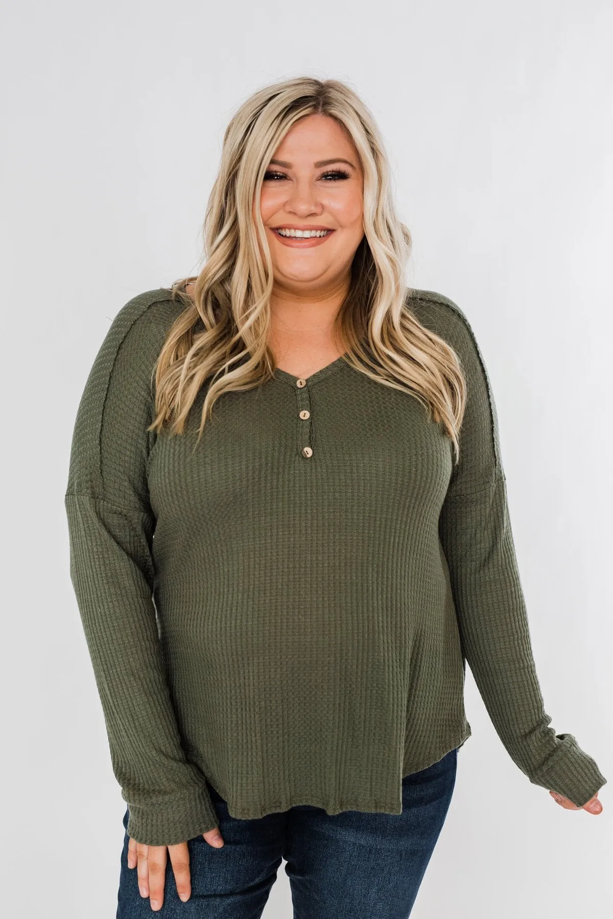 Knowing You V-Neck Thermal Top- Olive