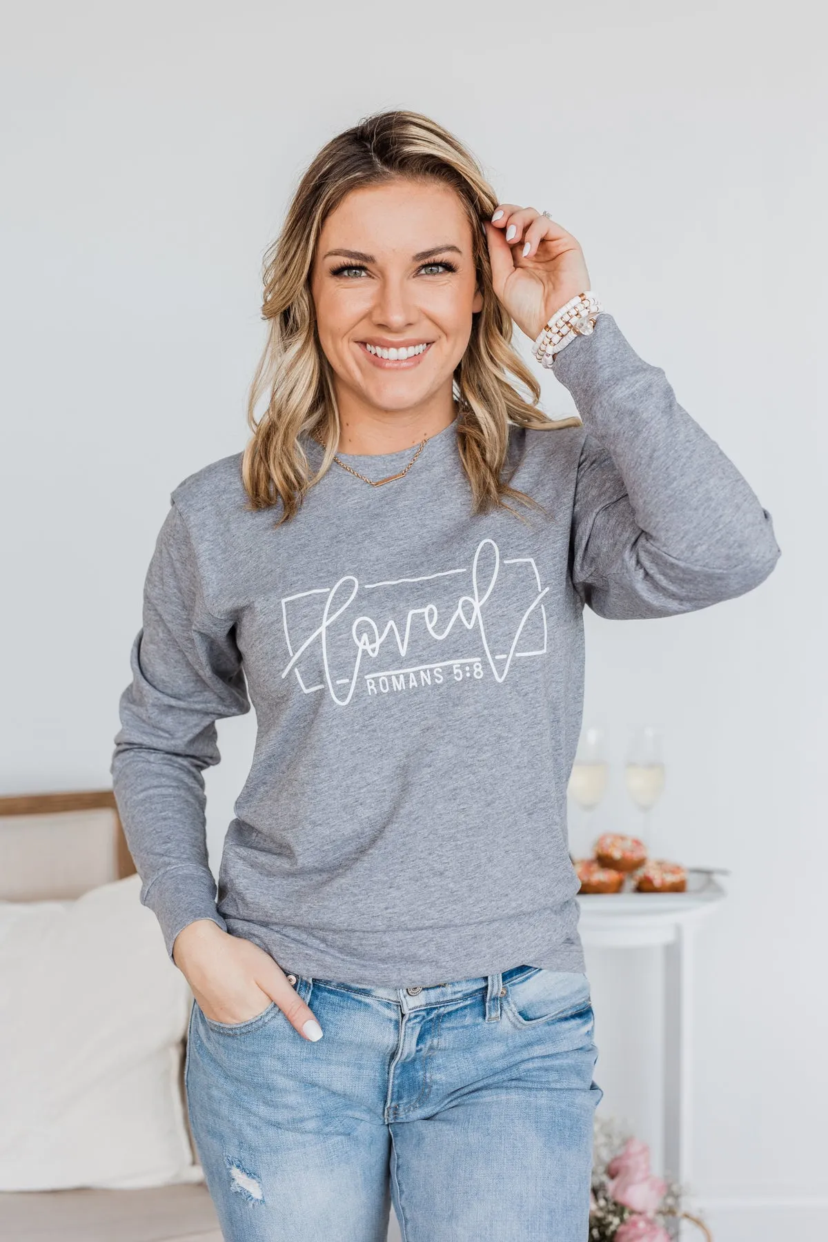 Loved Graphic Long Sleeve Top- Grey