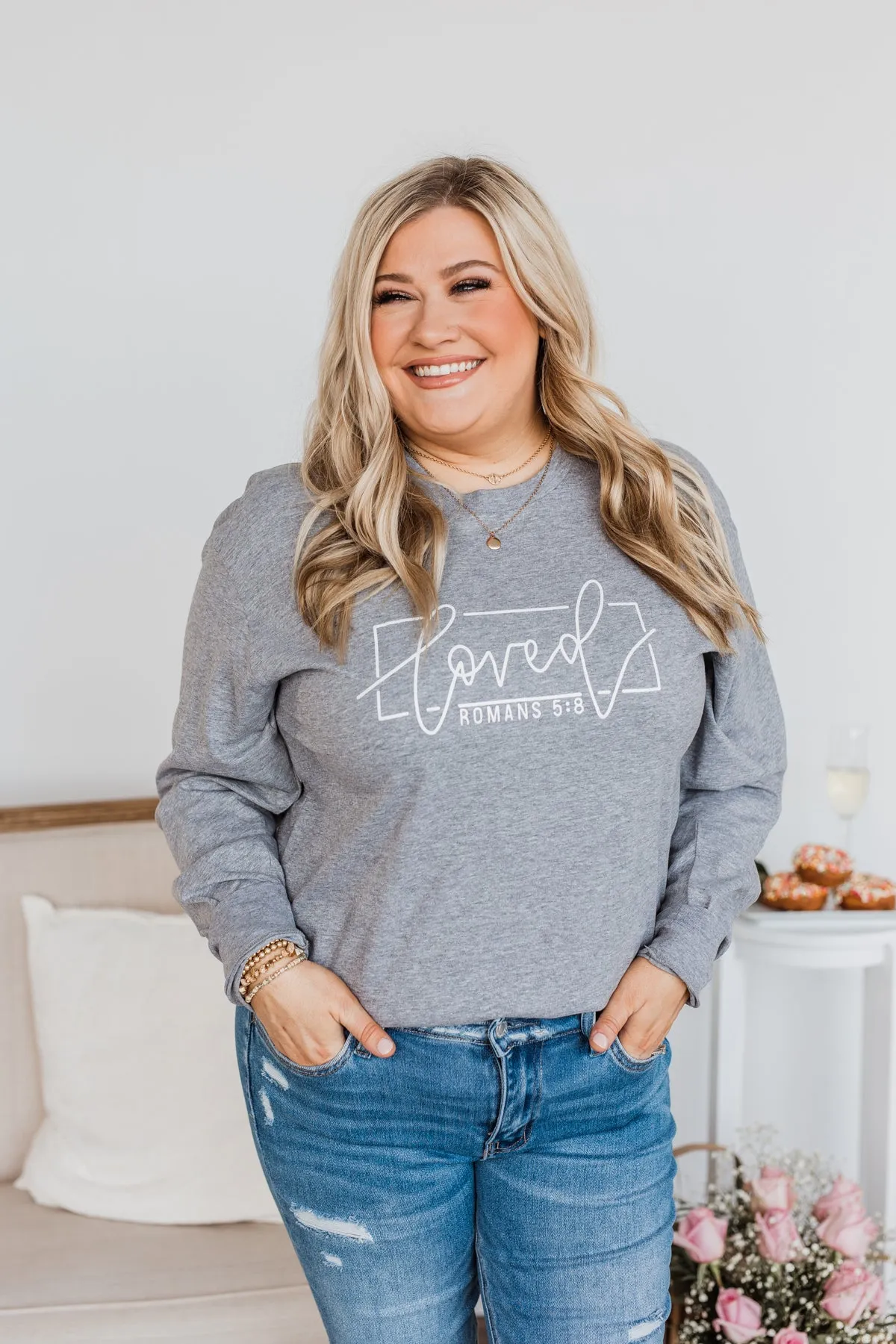 Loved Graphic Long Sleeve Top- Grey