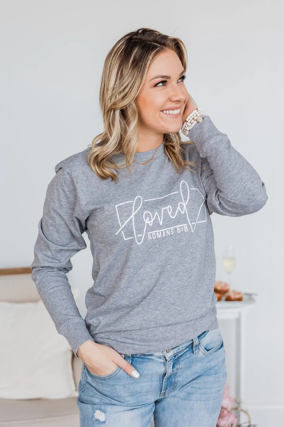 Loved Graphic Long Sleeve Top- Grey