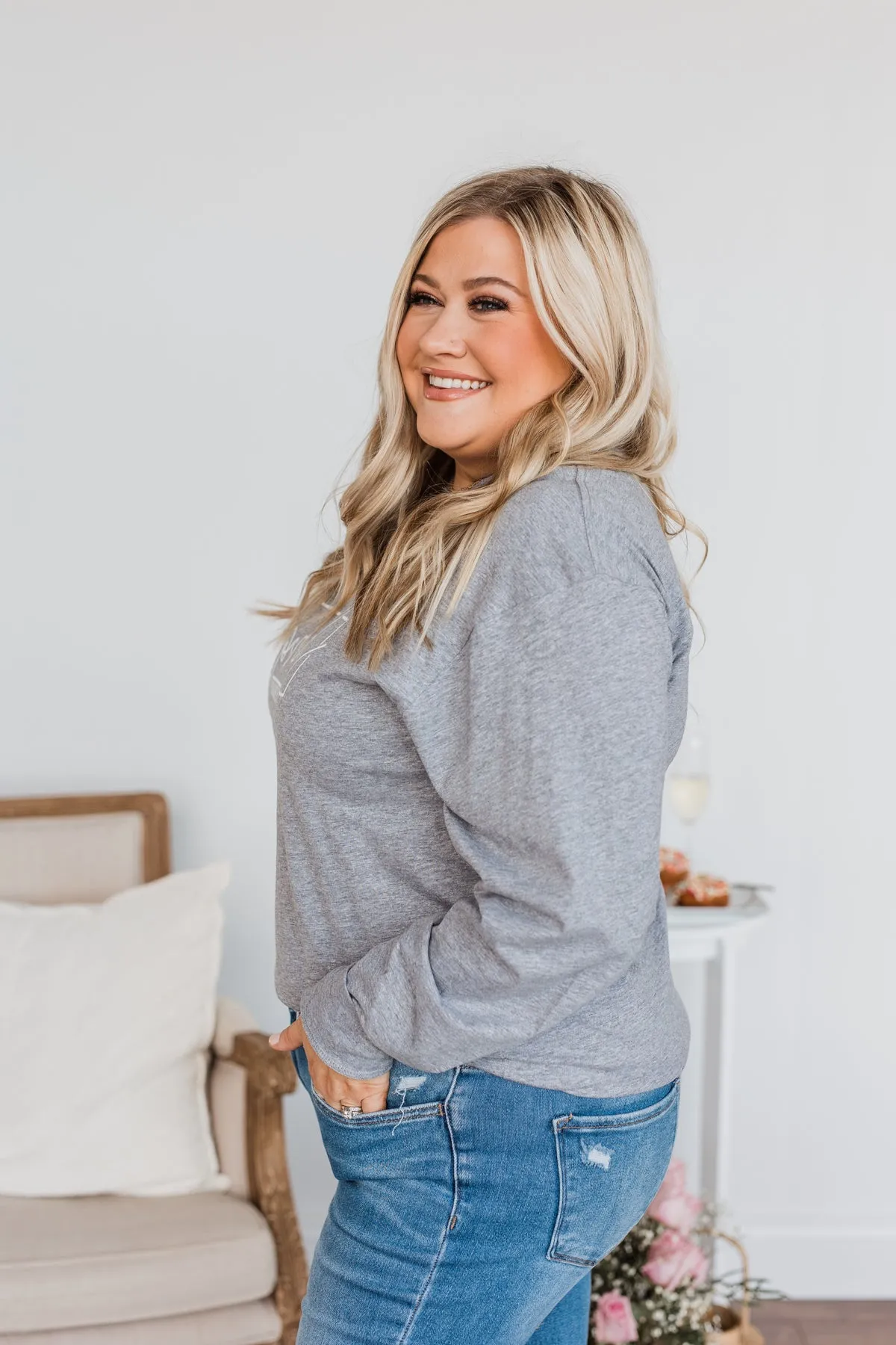 Loved Graphic Long Sleeve Top- Grey