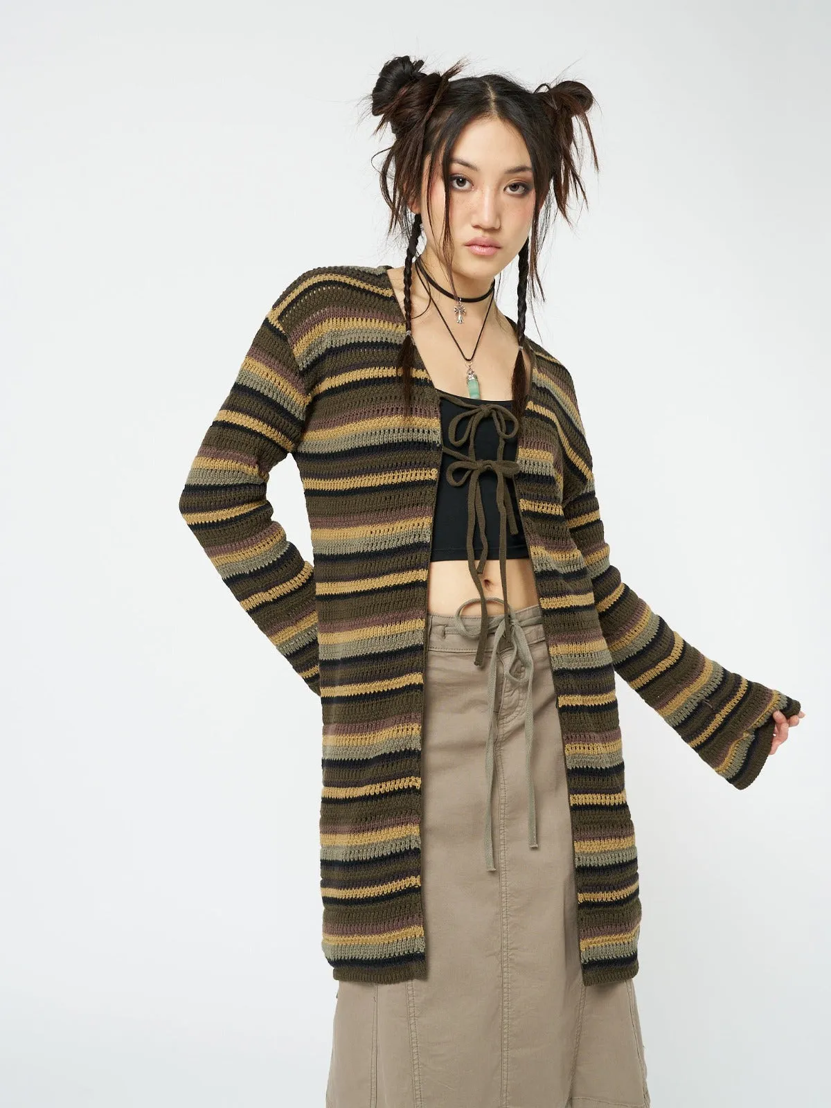 Luna Forest Stripes Tie Front Knit Cardigan