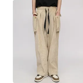 Men's Corduroy Elastic Waist Straight Loose Wide Leg Slacks Cargo Pants