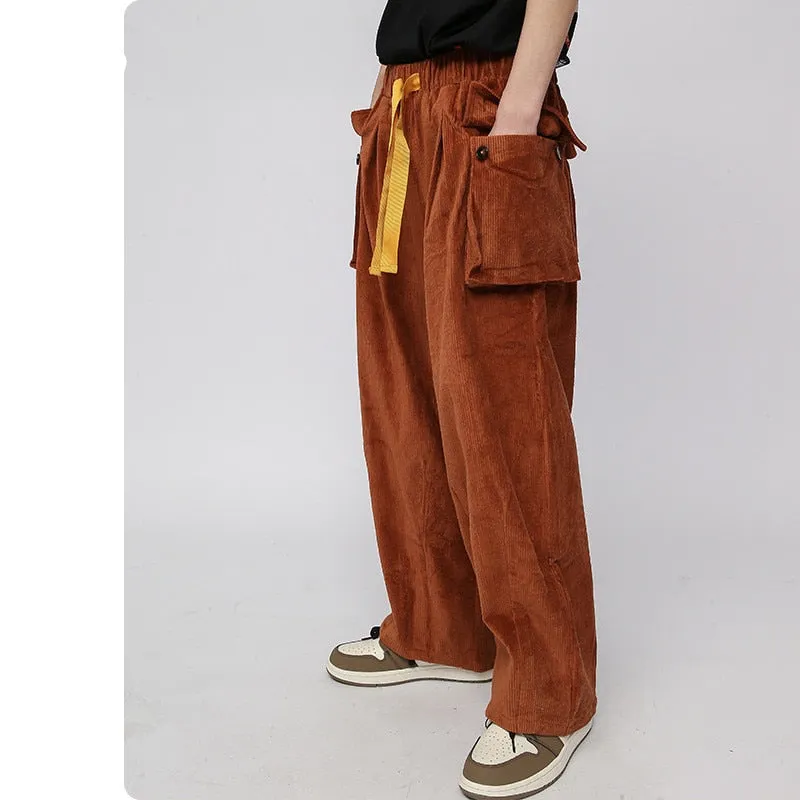 Men's Corduroy Elastic Waist Straight Loose Wide Leg Slacks Cargo Pants