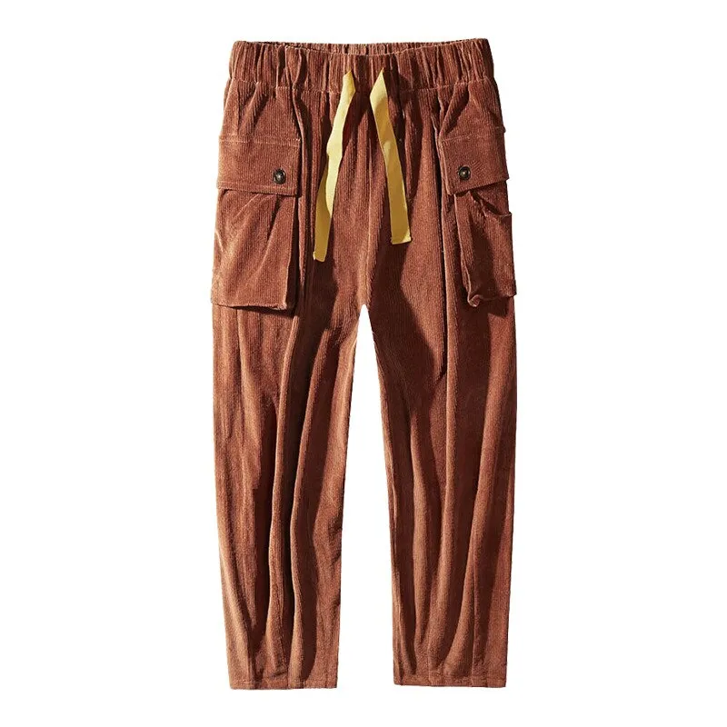 Men's Corduroy Elastic Waist Straight Loose Wide Leg Slacks Cargo Pants