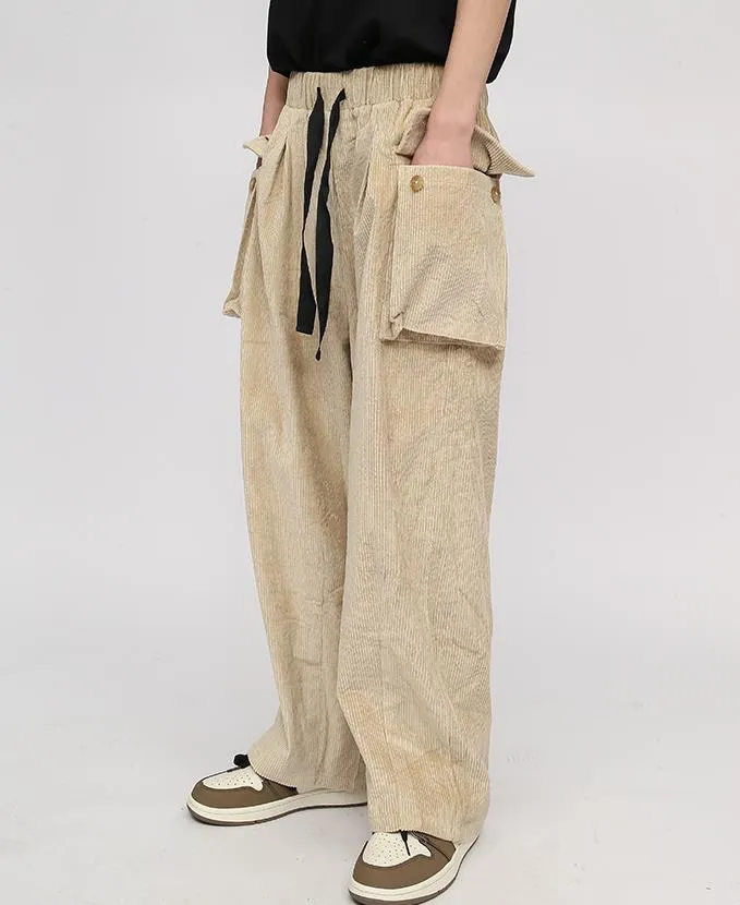 Men's Corduroy Elastic Waist Straight Loose Wide Leg Slacks Cargo Pants