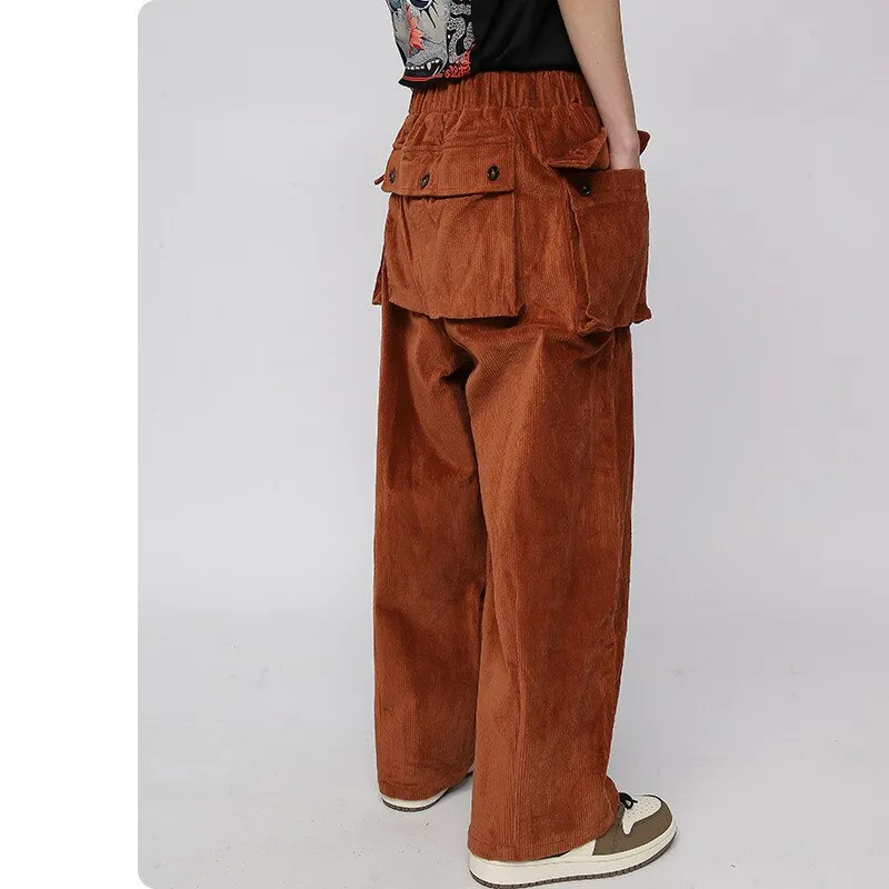 Men's Corduroy Elastic Waist Straight Loose Wide Leg Slacks Cargo Pants