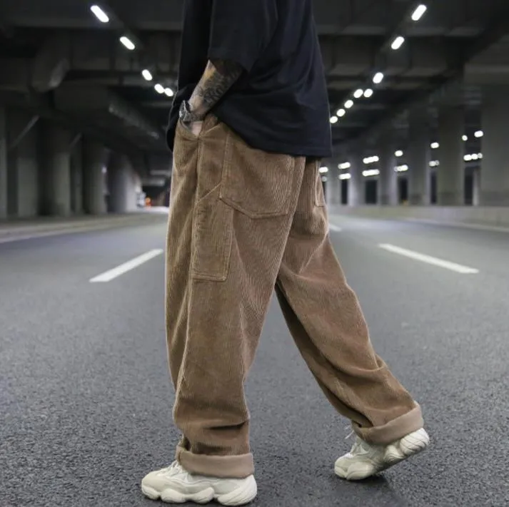 Men's Winter Corduroy Long Straight Loose Fit Hip Hop Casual Pants