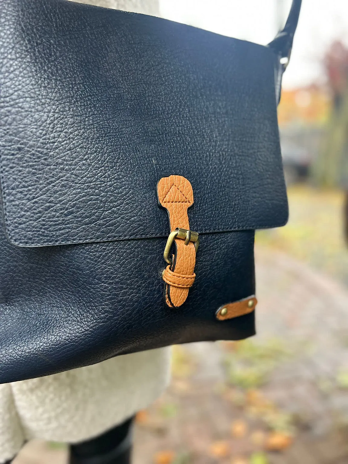 Navy Buckle Front Satchel