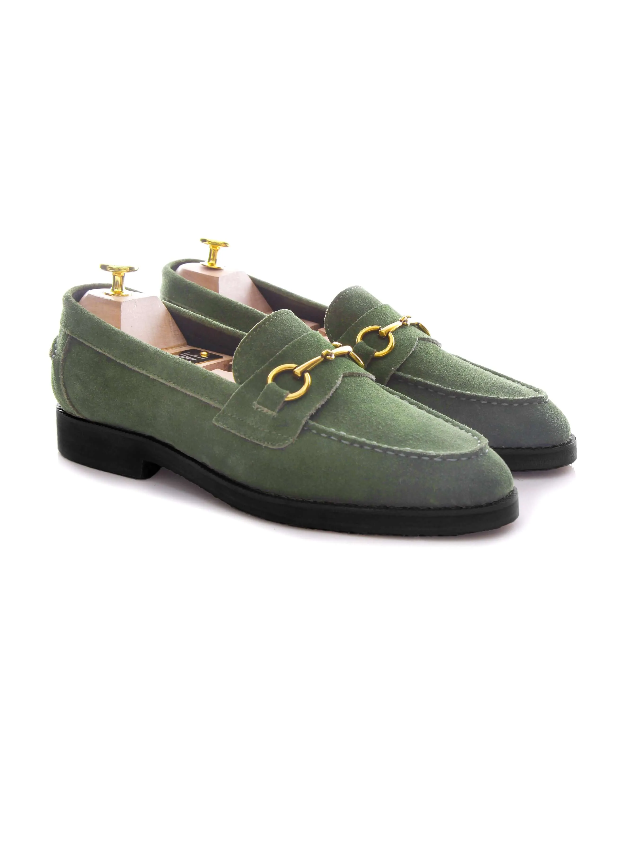 Penny Loafer Horsebit Buckle - Olive Green Suede Leather (Black Crepe Sole)