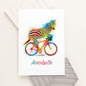 Personalised Watercolour Zebra Cycling Print