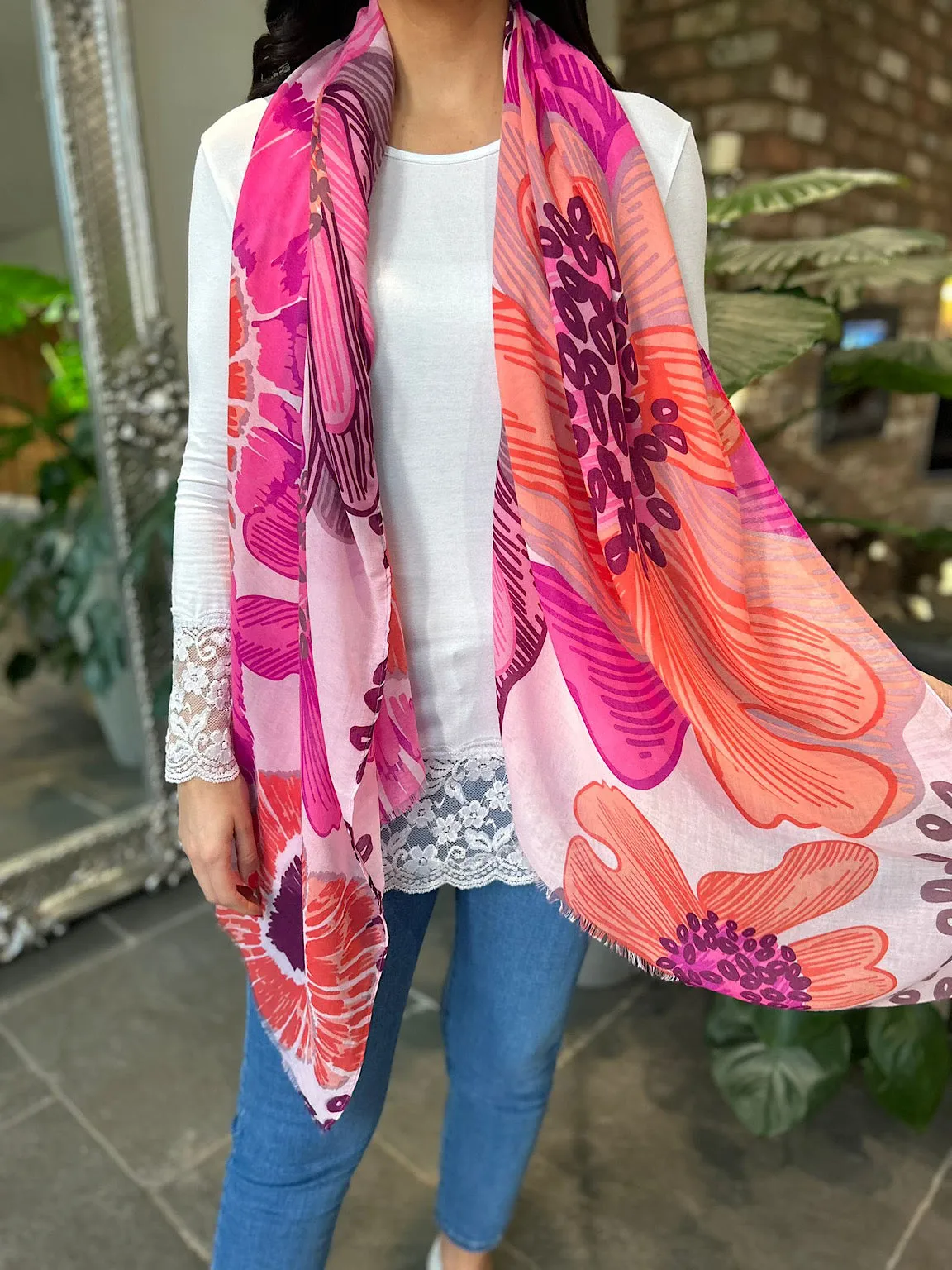 Pink Large Sketch Flower Scarf