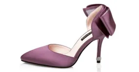 Purple Satin Back Giant Bow Diamonte Bridal Point Head High Stiletto Heels Shoes