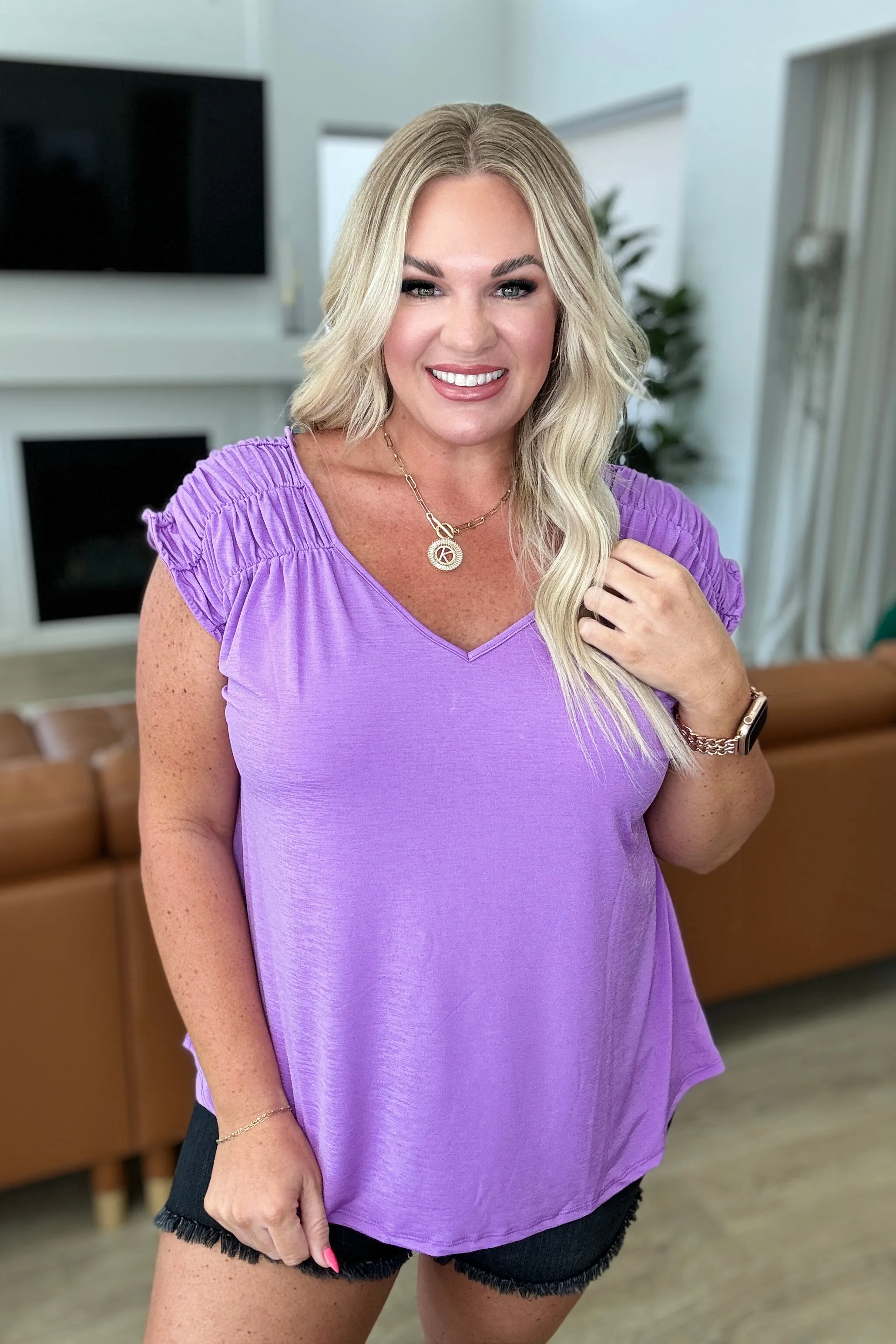 Ruched Cap Sleeve Top in Lavender