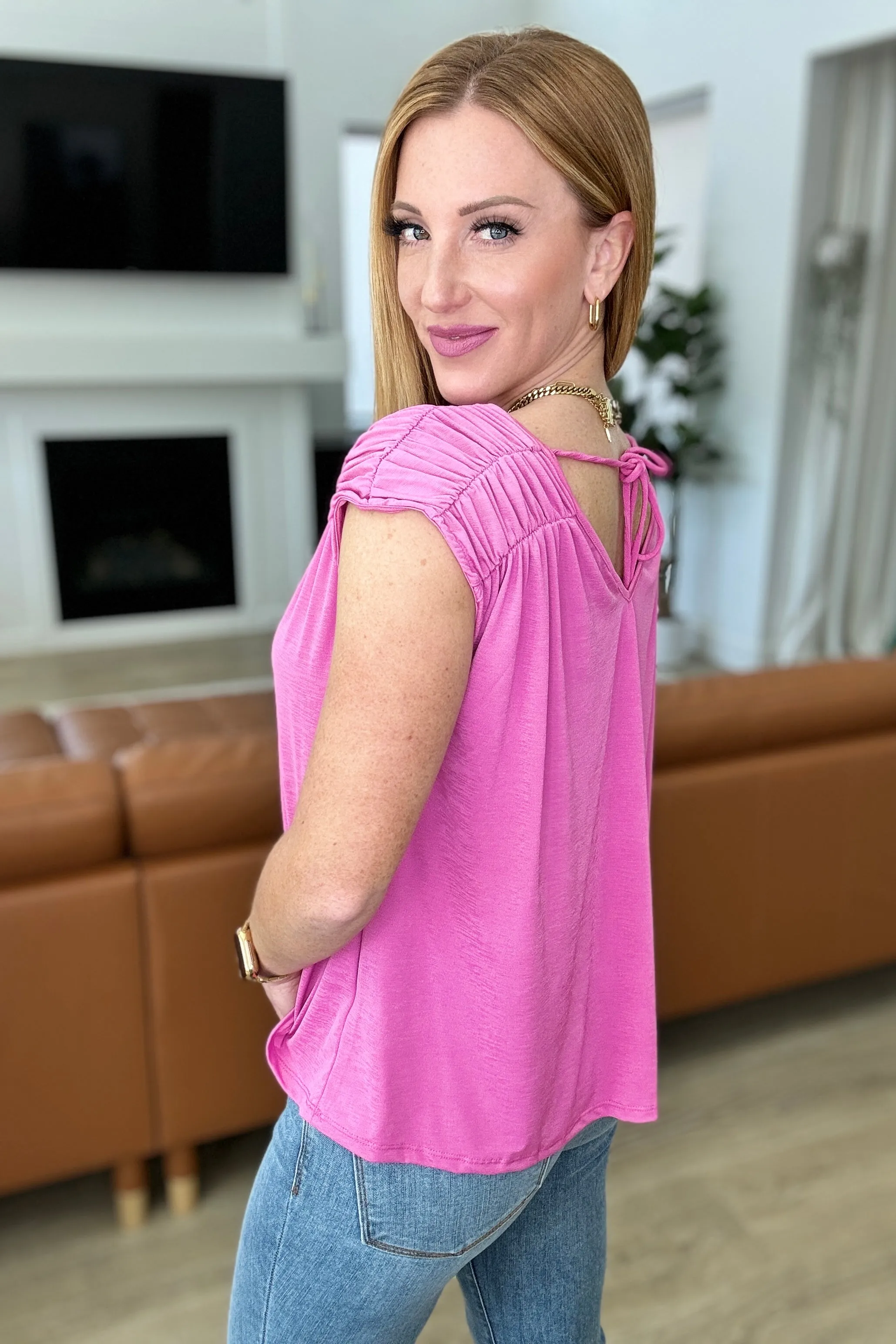 Ruched Cap Sleeve Top in Magenta