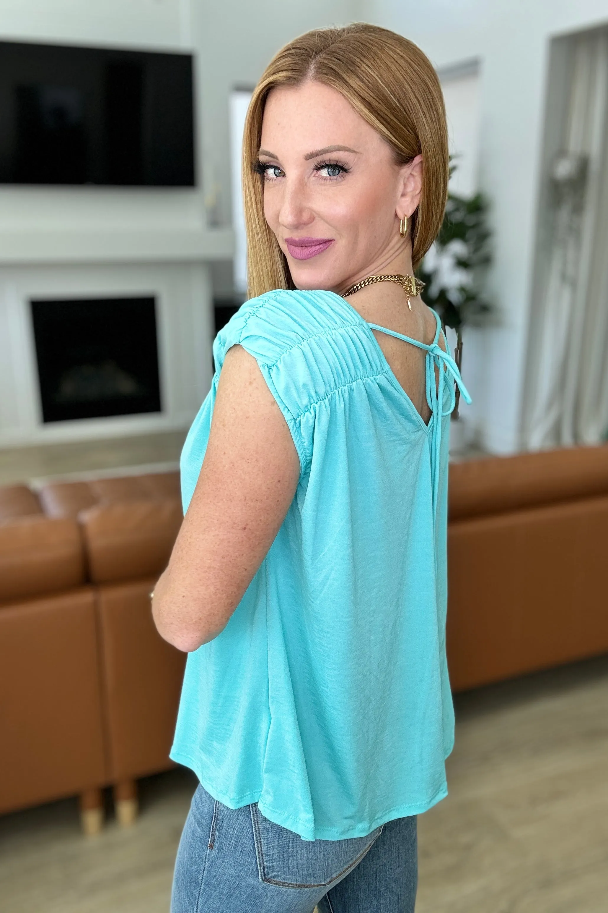 Ruched Cap Sleeve Top in Neon Blue