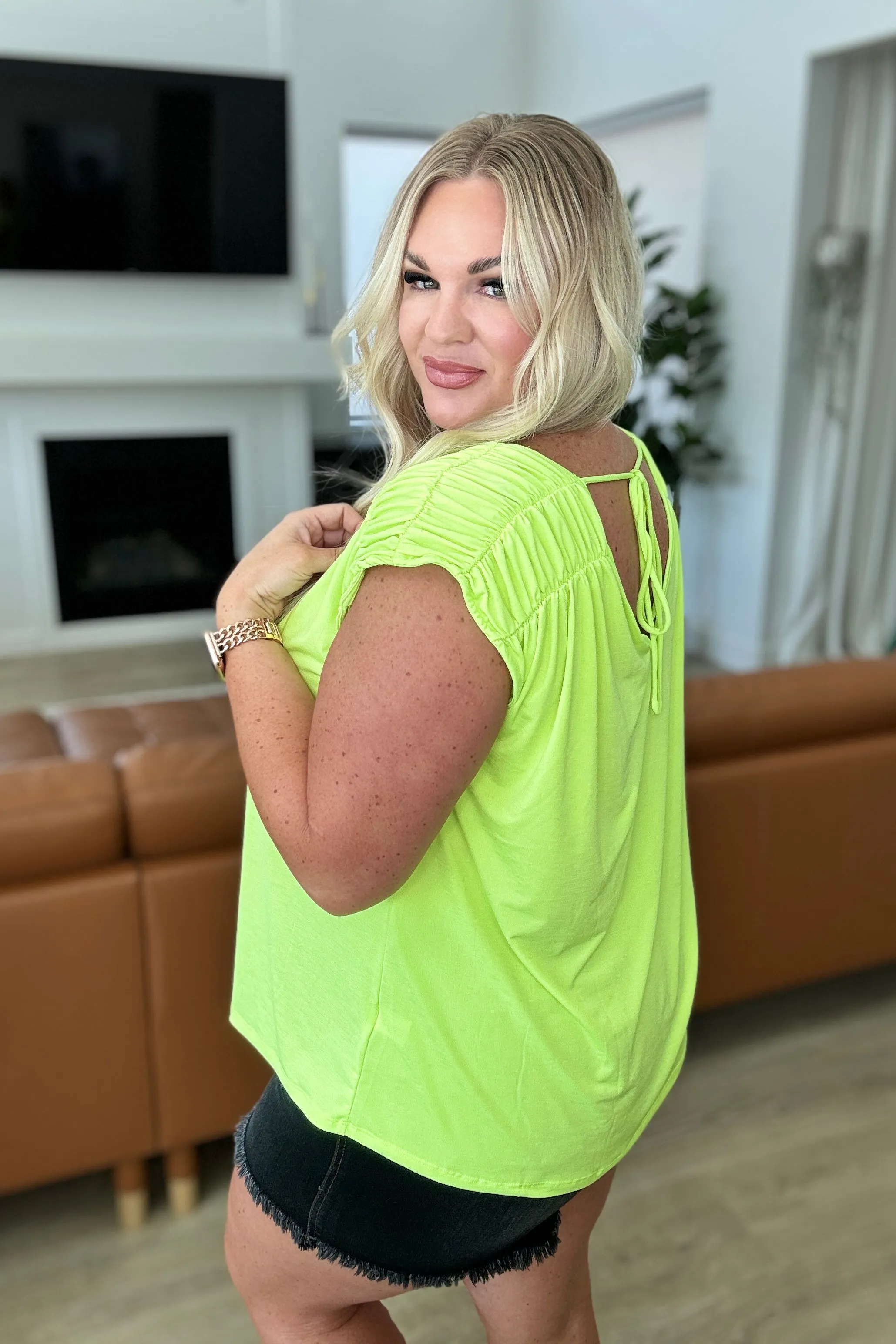 Ruched Cap Sleeve Top in Neon Green