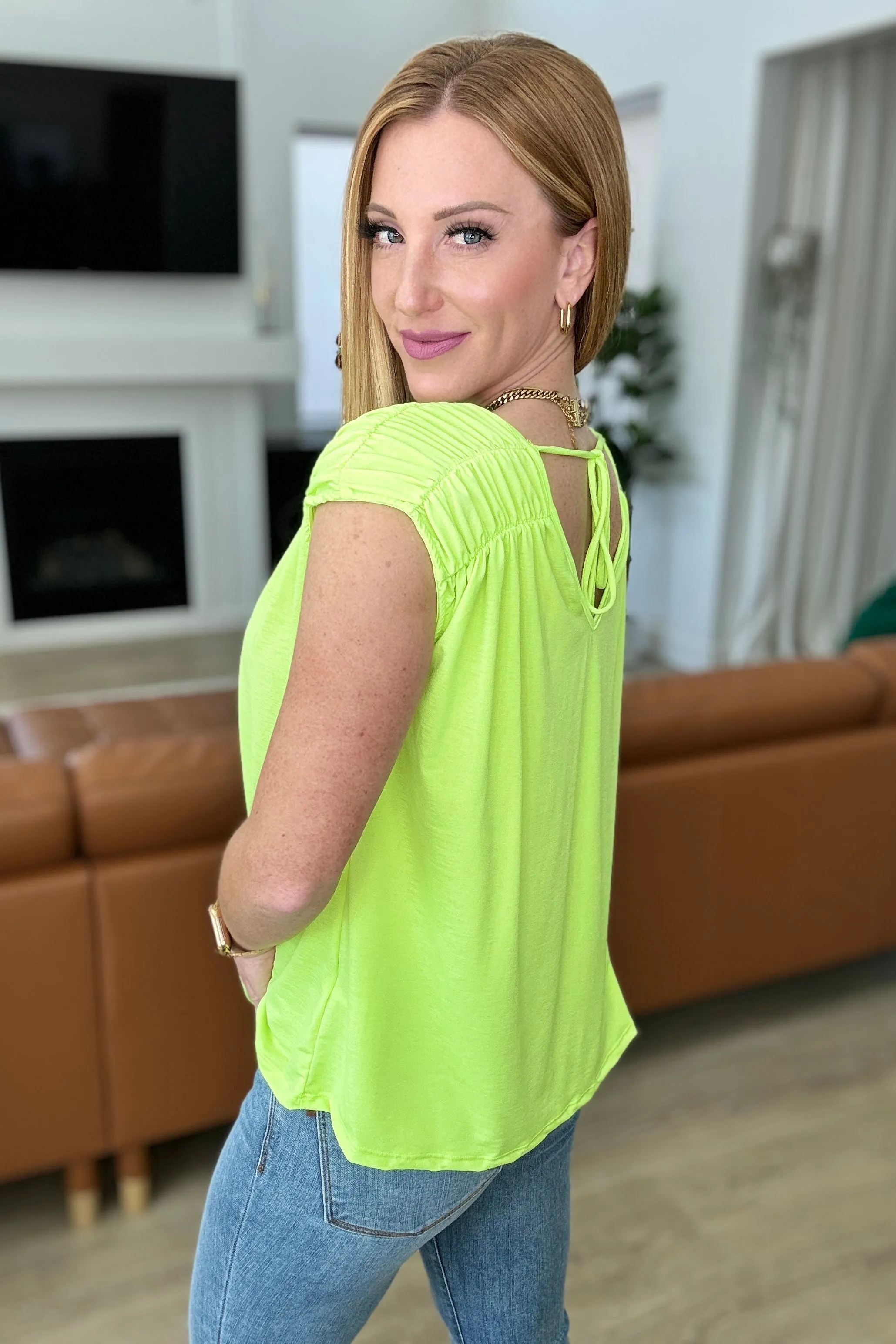 Ruched Cap Sleeve Top in Neon Green