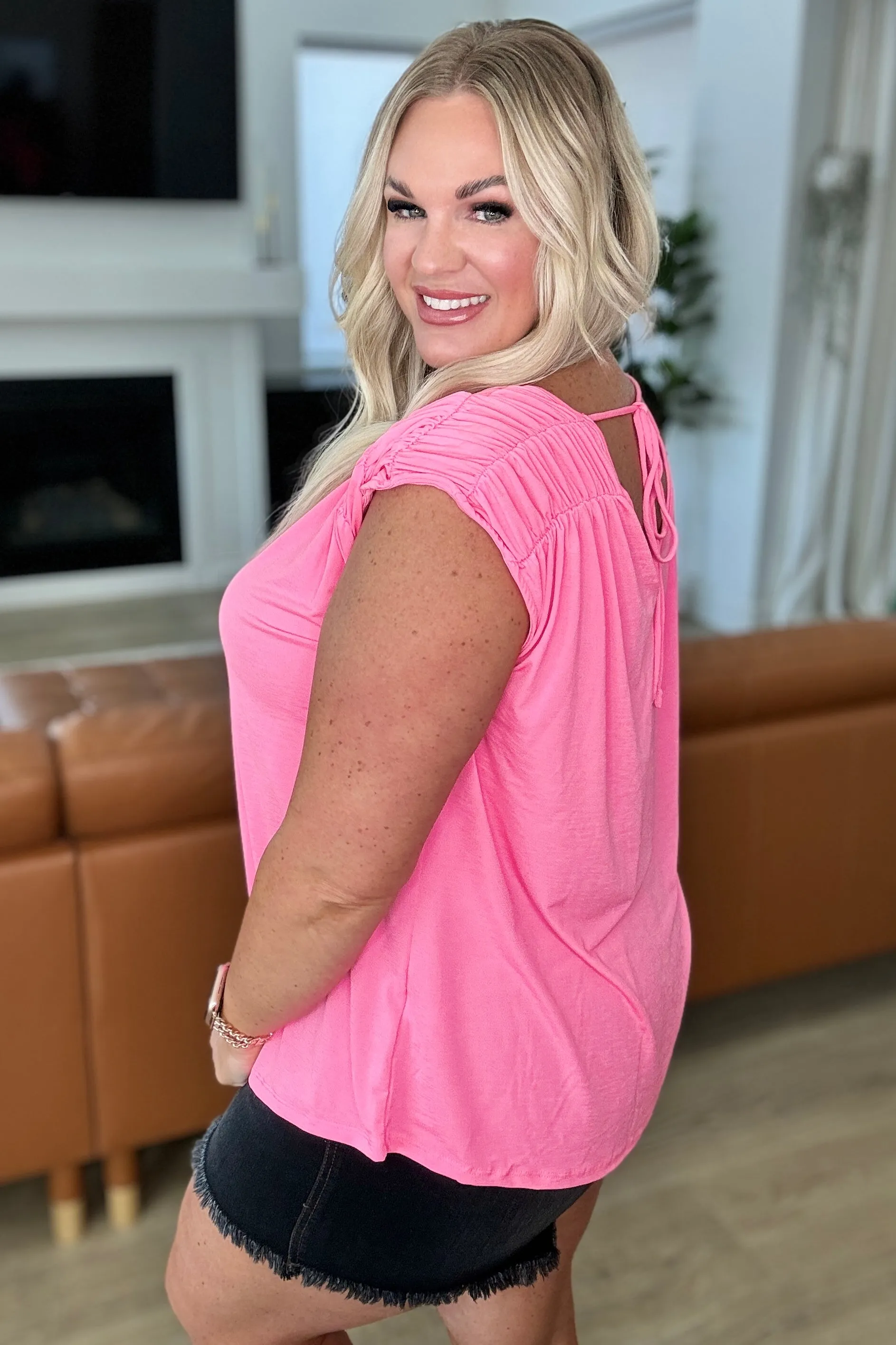 RuchedCap Sleeve Top in Neon Pink