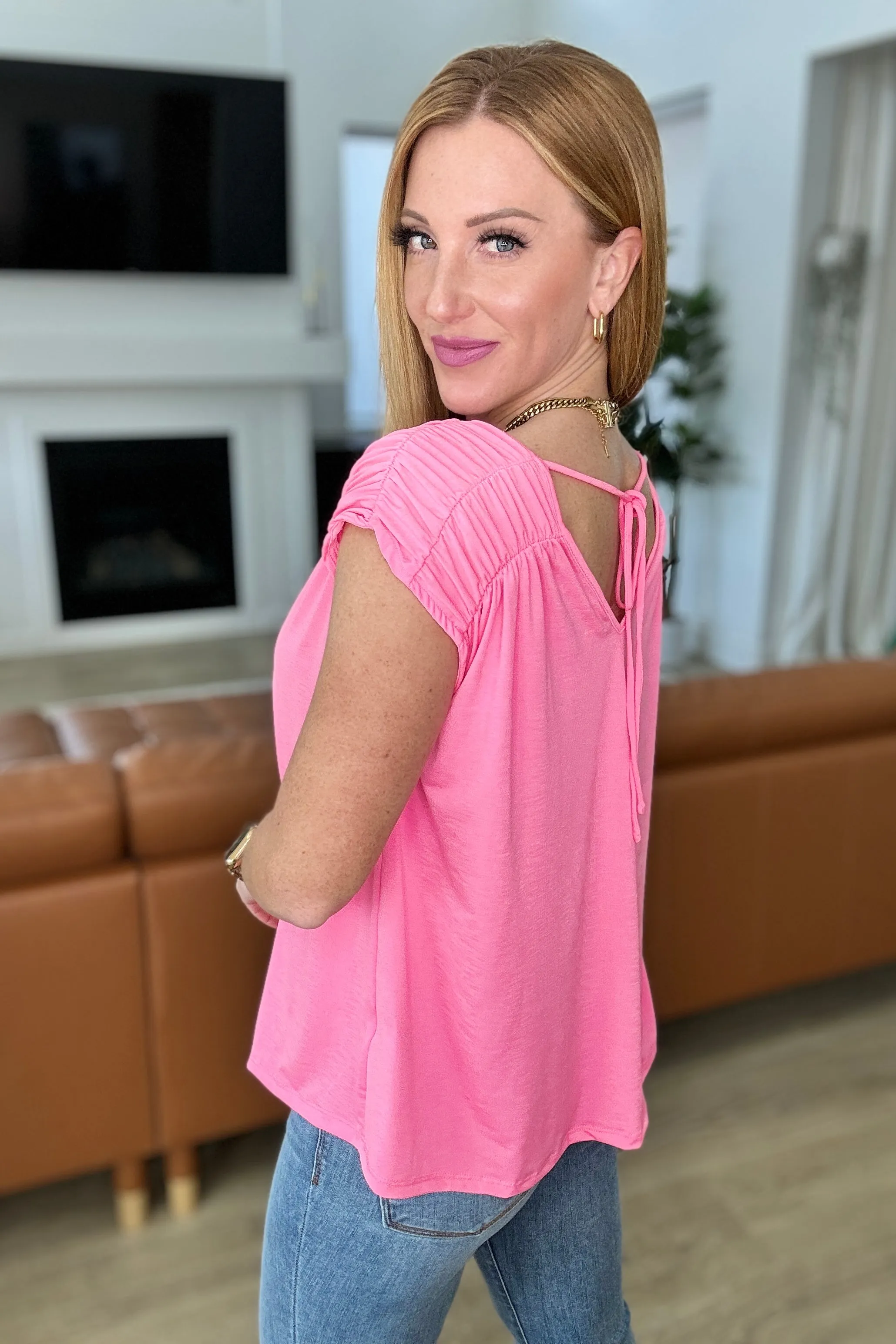 RuchedCap Sleeve Top in Neon Pink