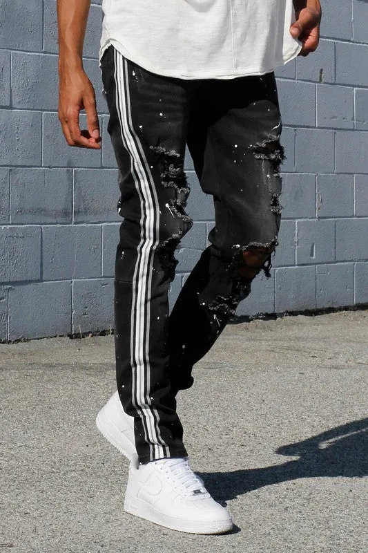 side taped jeans w/ paint splatter