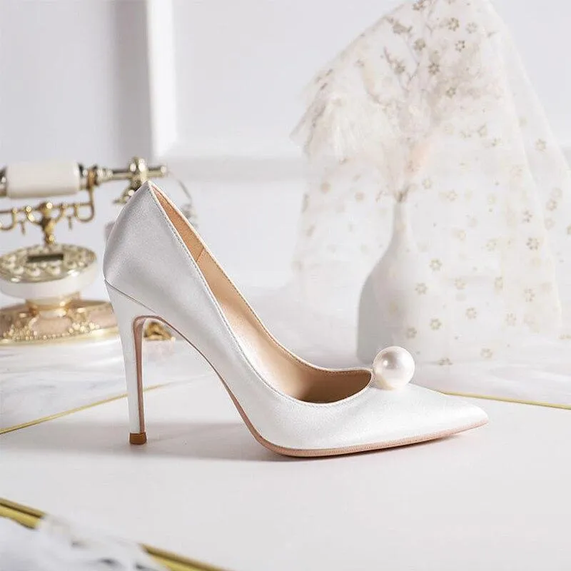 Silk Pearl Wedding Heels Pumps Shoes